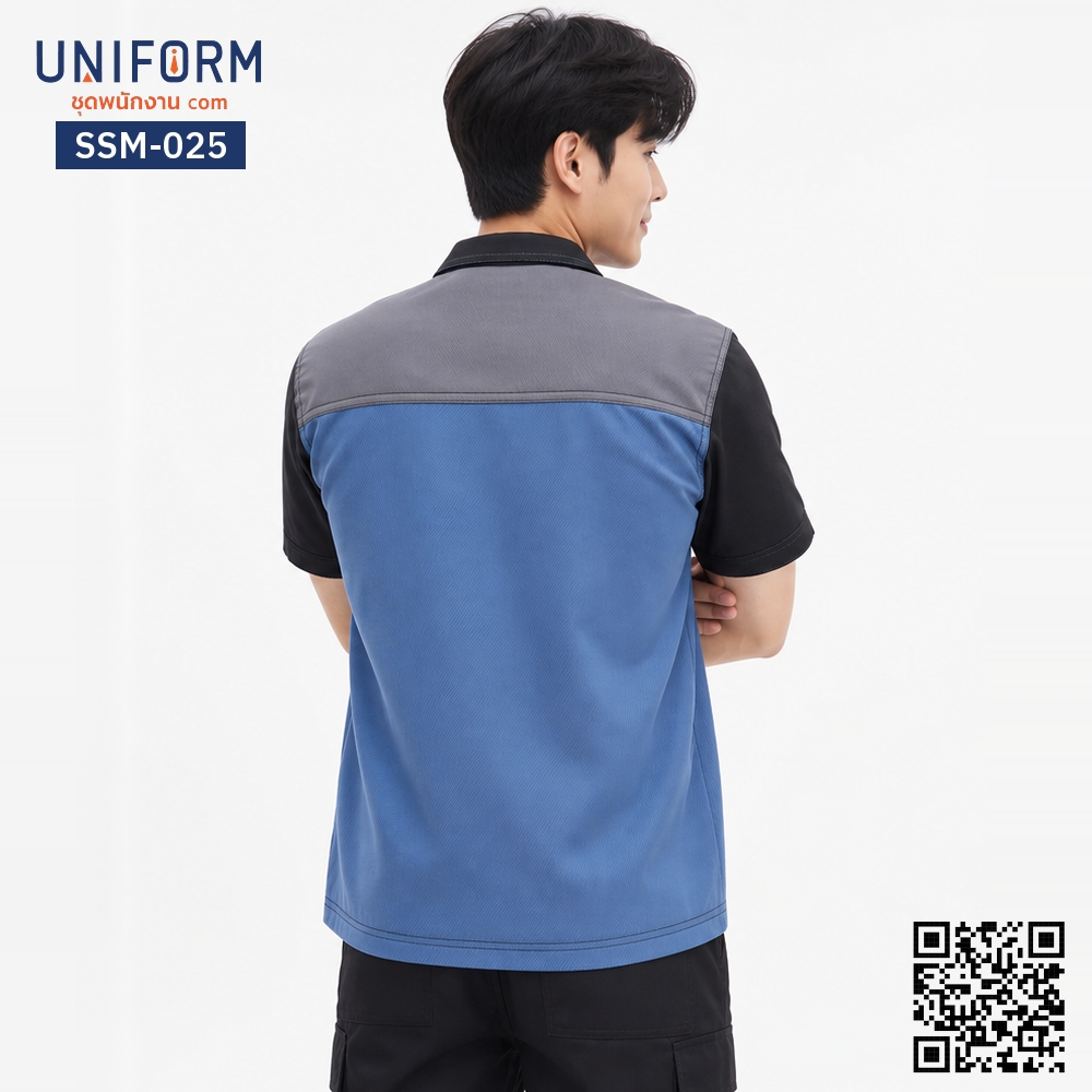 SSM-025 เสื้อช็อปช่างแขนสั้น ทูโทน สีฟ้าเทาดำ ดีไซน์ซิปหน้า