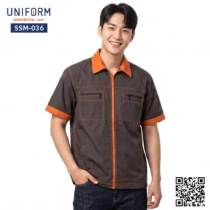 SSM-036 เสื้อช็อปช่างแขนสั้น ทูโทน สีน้ำตาลแต่งส้ม