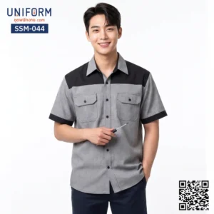 SSM-044 เสื้อช็อปช่างแขนสั้น ทูโทน สีเทาดำ