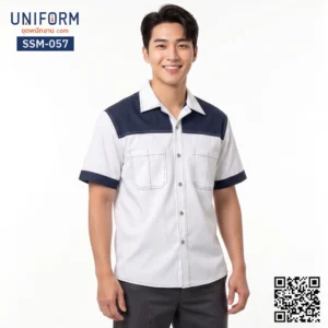 SSM-057 เสื้อช็อปช่างแขนสั้น ทูโทน สีขาวสีกรมท่า