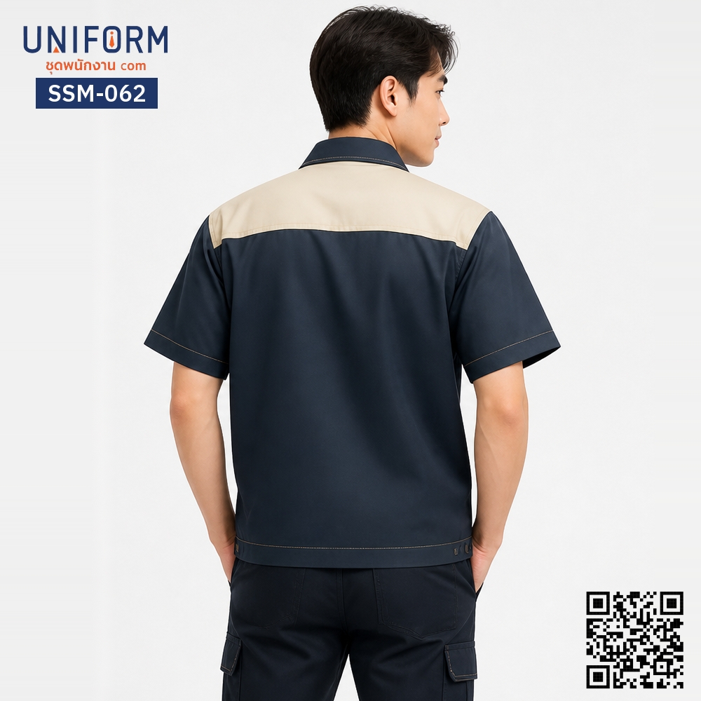SSM-062 เสื้อช็อปช่างแขนสั้น ทูโทนสีกรมท่าตัดกากี