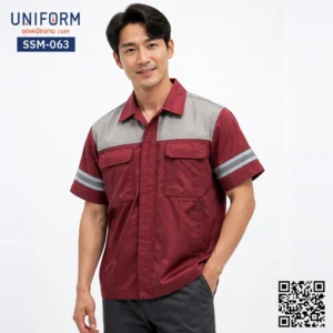 SSM-063 เสื้อช็อปช่างแขนสั้น ทูโทนสีแดงเทา