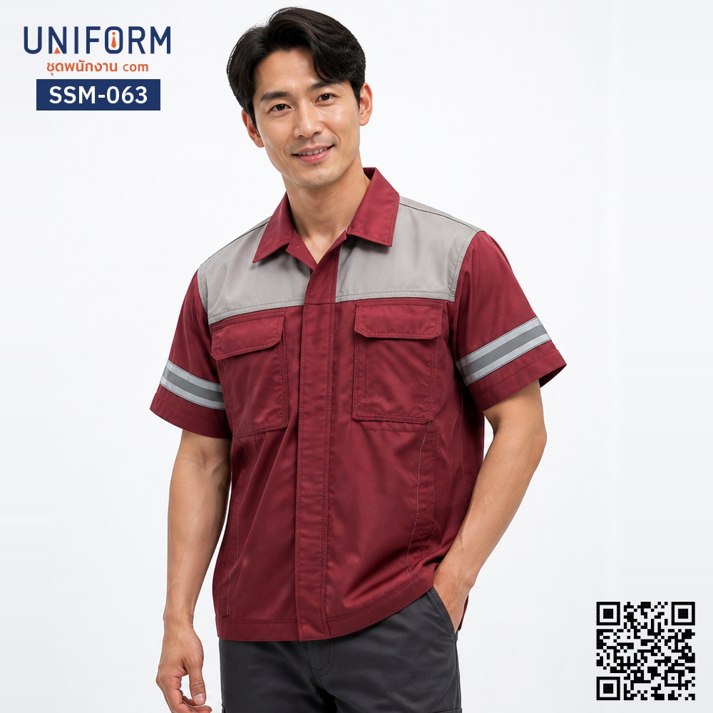 SSM-063 เสื้อช็อปช่างแขนสั้น ทูโทนสีแดงเทา