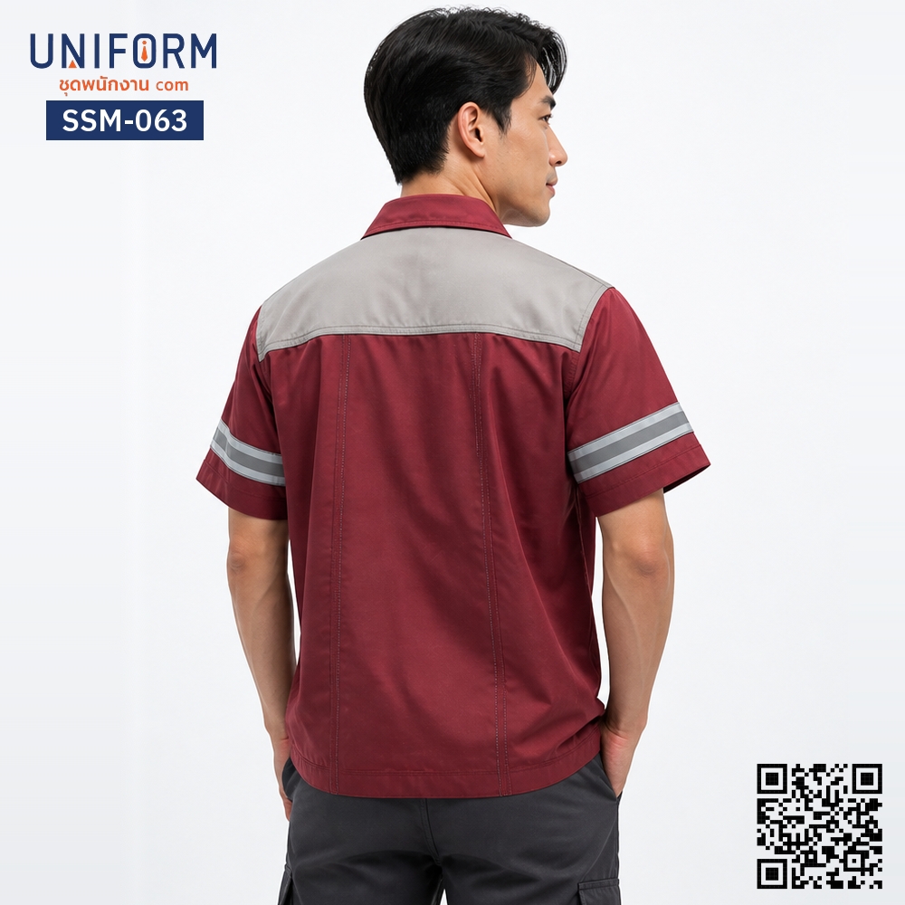 SSM-063 เสื้อช็อปช่างแขนสั้น ทูโทนสีแดงเทา