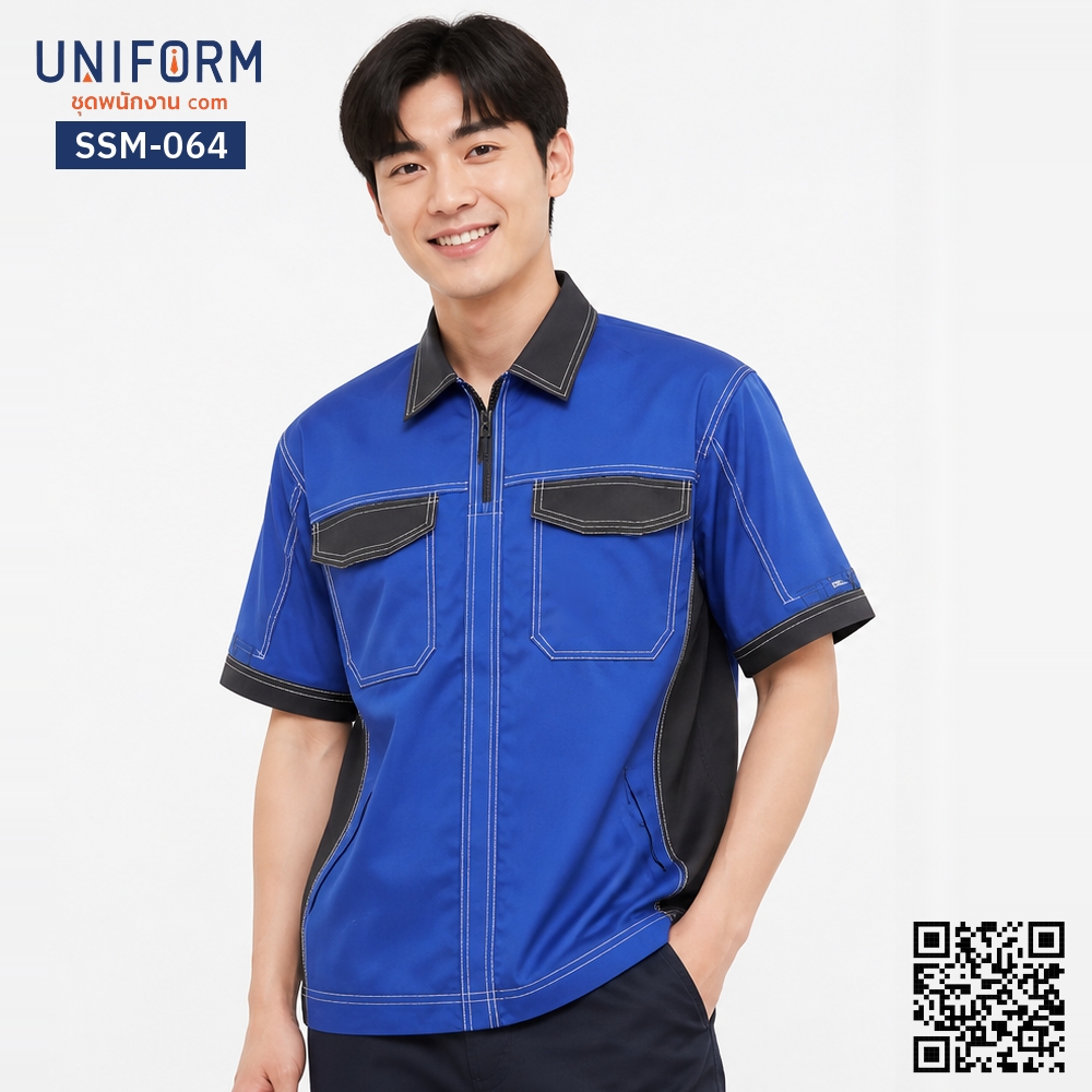 SSM-064 เสื้อช็อปช่างแขนสั้น ทูโทนสีน้ำเงินดำตั⁠ด⁠เ⁠ย็⁠บตะเข็บคู่