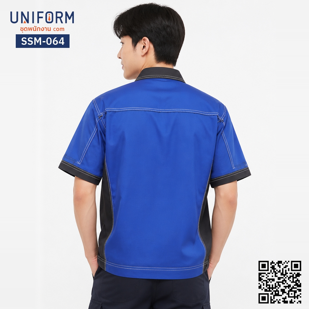 SSM-064 เสื้อช็อปช่างแขนสั้น ทูโทนสีน้ำเงินดำตั⁠ด⁠เ⁠ย็⁠บตะเข็บคู่