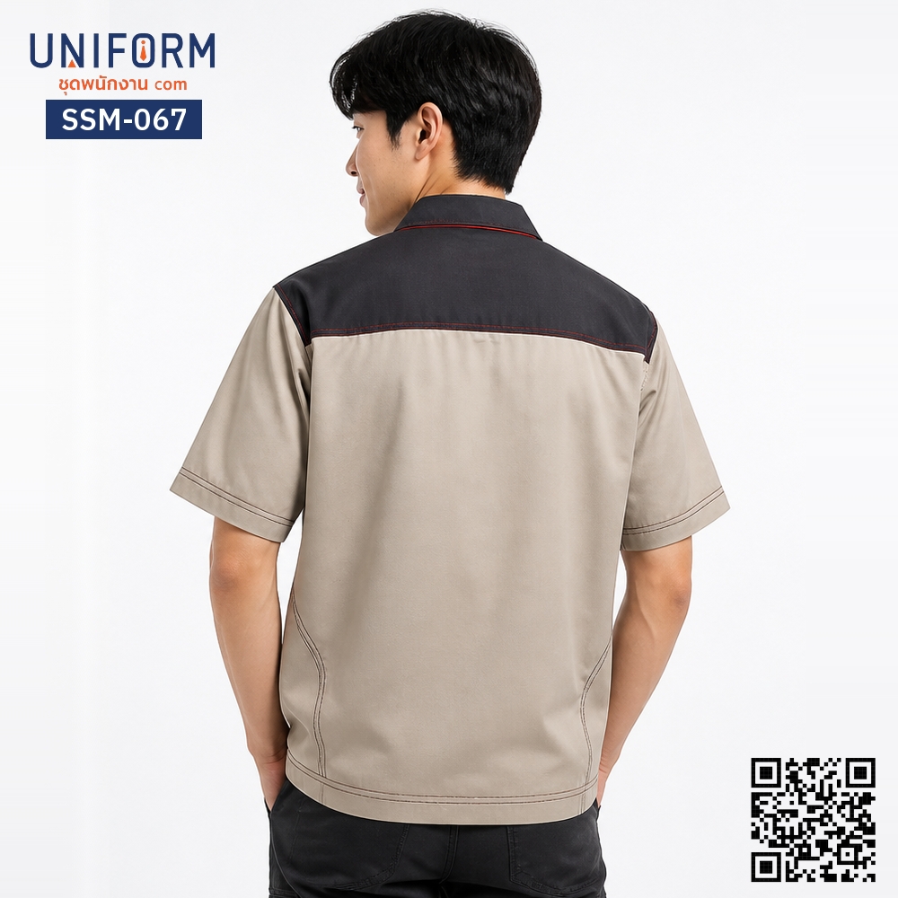 SSM-067 เสื้อช็อปช่างแขนสั้น ทูโทน กากี-ดำ ซิปหน้า