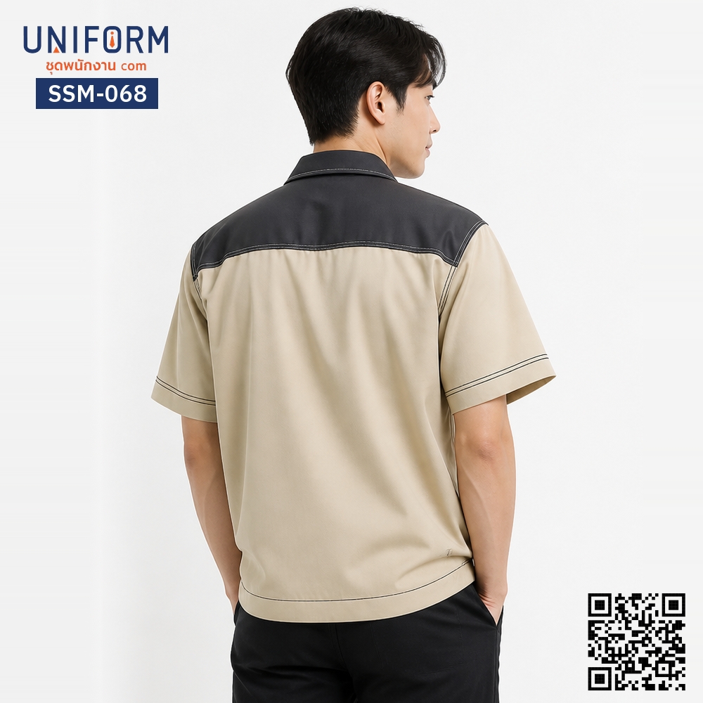 SSM-068 เสื้อช็อปช่างแขนสั้น สีกากีปกเทาเข้มดีไซน์ซิปหน้า
