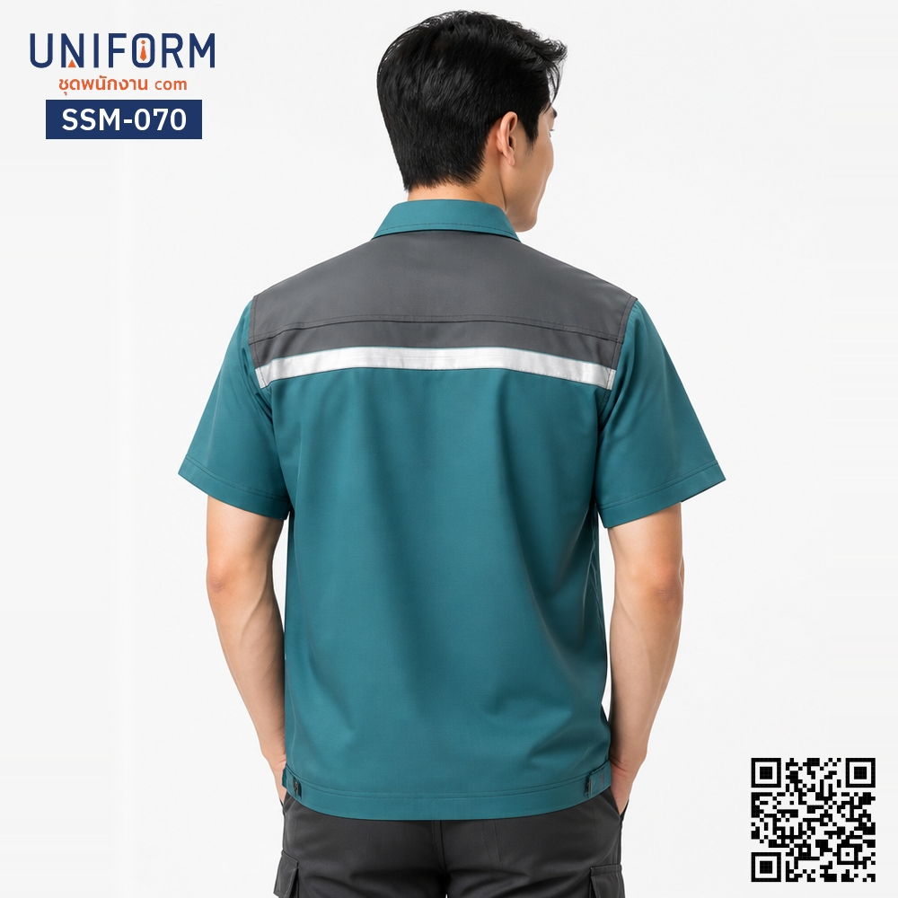 SSM-070 เสื้อช็อปช่างแขนสั้น ทูโทน สีเขียวเทา แต่งแถบสะท้อนแสง