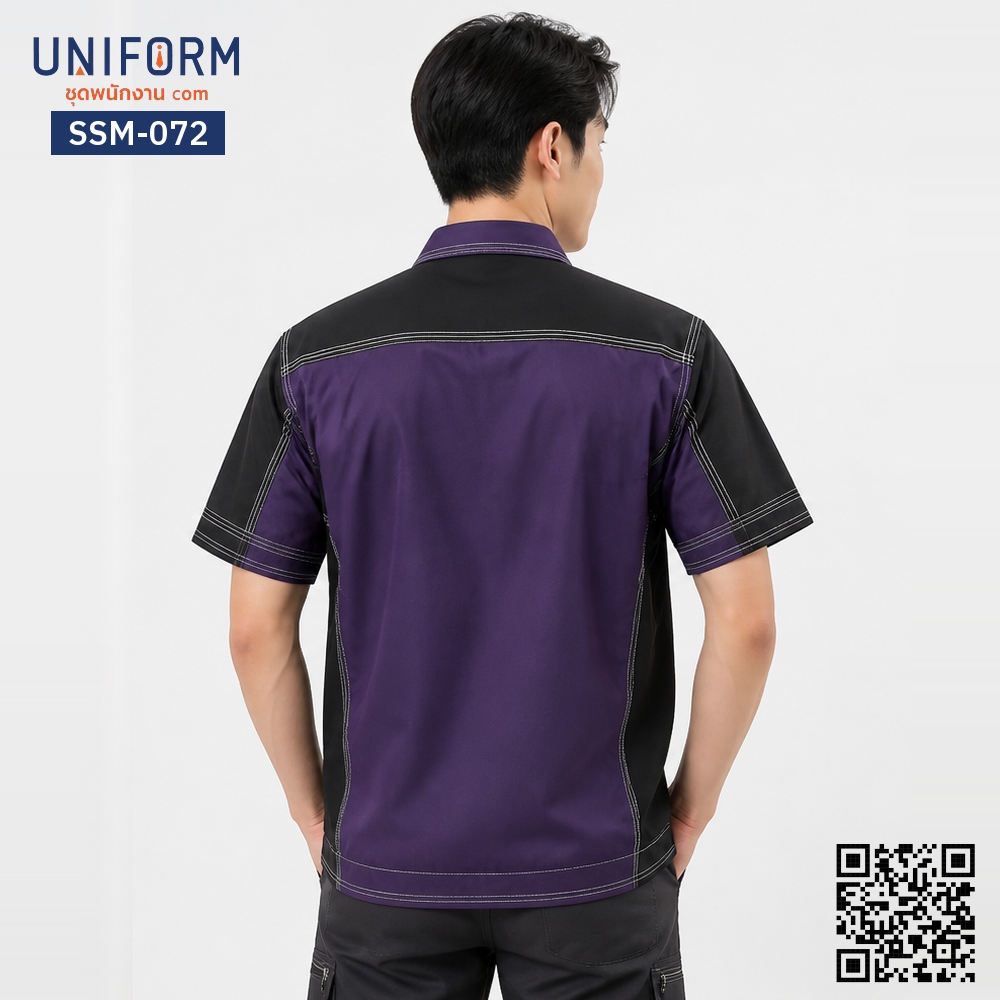 SSM-072 เสื้อช็อปช่างแขนสั้น ทูโทนสีม่วงดำ ตะเข็บขาว