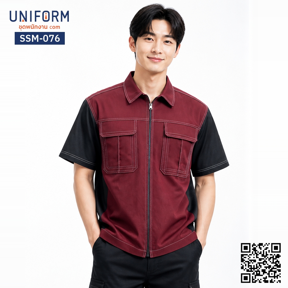 SSM-076 Short-Sleeve Technician Work Shirt, Two-Tone Red and Black with Front Zipper