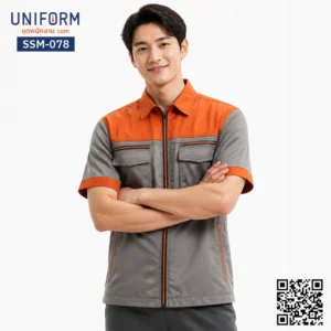 SSM-078 เสื้อช็อปช่างแขนสั้น ทูโทนสีเทาแต่งส้ม ซิปหน้า