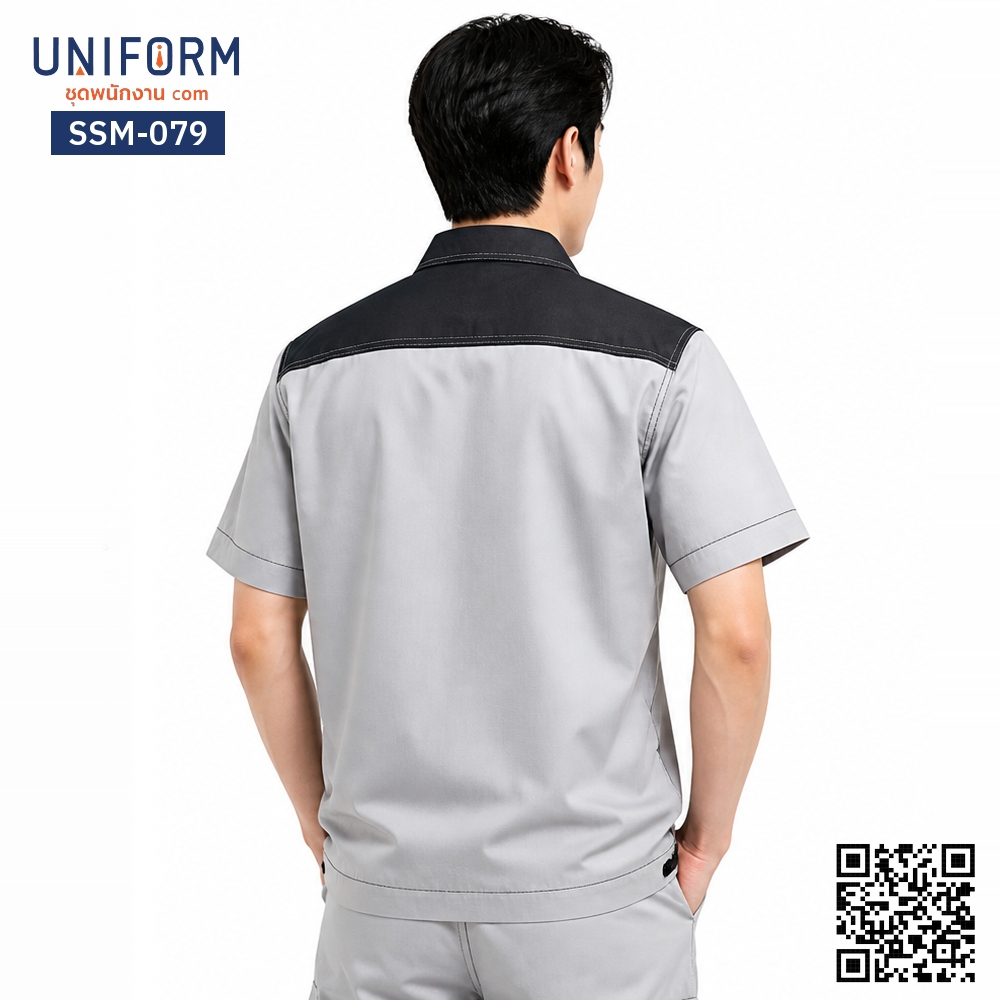 SSM-079 Short-sleeve technician work shirt, grey with black collar, front zipper design