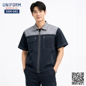SSM-082 เสื้อช็อปช่างแขนสั้น ทูโทน กรมท่าและเทา