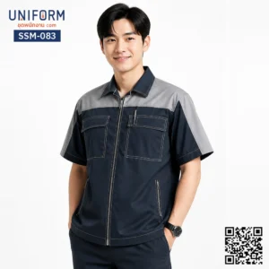 SSM-083 เสื้อช็อปช่างแขนสั้น ทูโทน กรมท่า เทา