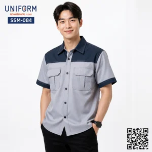 SSM-084 เสื้อช็อปช่างแขนสั้น ทูโทน สีเทากรมท่า