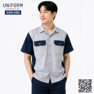 SSM-086 เสื้อช็อปช่างแขนสั้น ทูโทน สีเทากรมท่า สไตล์มืออาชีพ