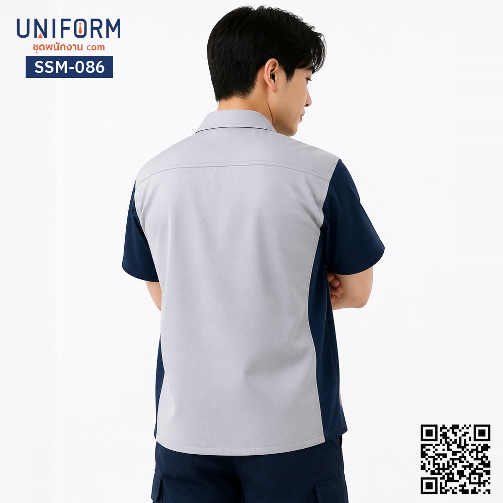 SSM-086 Short-Sleeve Technician Work Shirt, Two-Tone Grey and Navy Blue, Professional Style