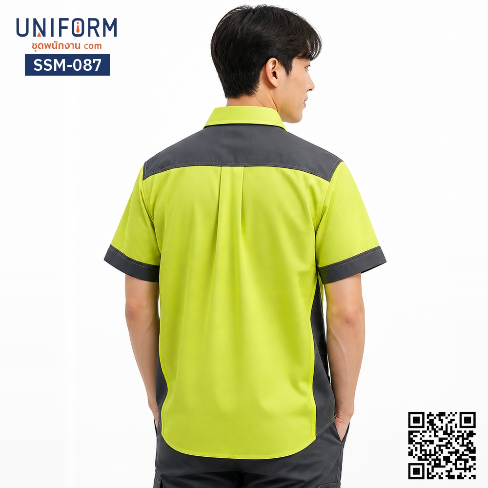 SSM-087 เสื้อช็อปช่างแขนสั้น ทูโทนสีเขียวตองอ่อนสลับเทาเข้ม