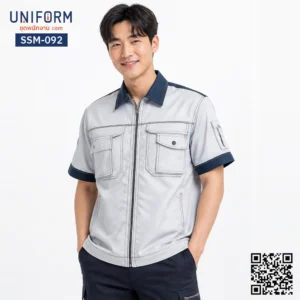 SSM-092 เสื้อช็อปช่างแขนสั้น ทูโทน สีเทาสลับกรมท่า สำหรับยูนิฟอร์มบริษัท