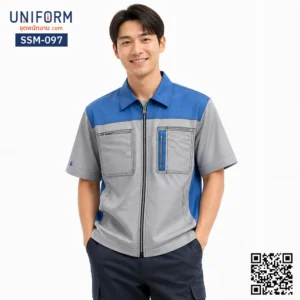 SSM-097 เสื้อช็อปช่างแขนสั้น ทูโทนสีเทาและน้ำเงิน พร้อมซิปหน้า