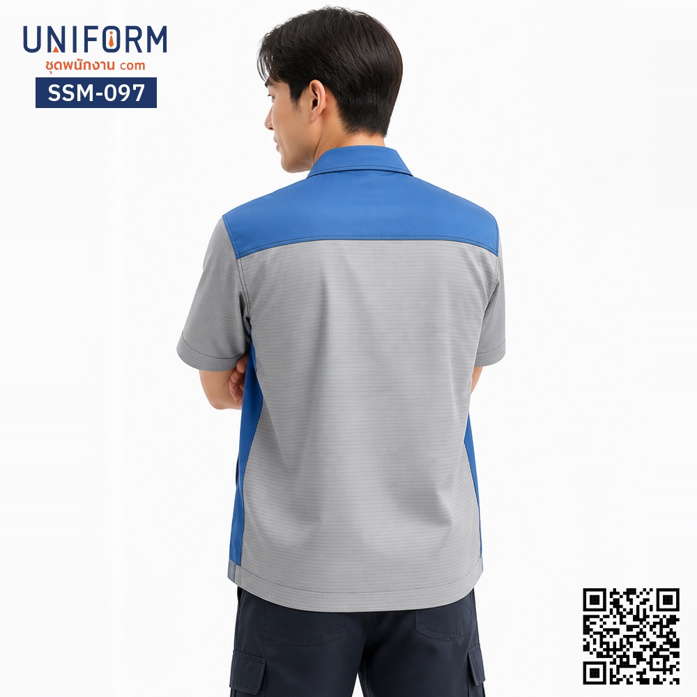 SSM-097 เสื้อช็อปช่างแขนสั้น ทูโทนสีเทาและน้ำเงิน พร้อมซิปหน้า
