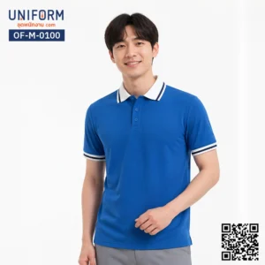 OF-M-0100 เสื้อโปโลแขนสั้นสีน้ำเงินปกขาวแต่งแถบ