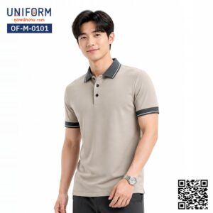 OF-M-0101 เสื้อโปโล สีเทาเบจ แต่งปกและปลายแขนทูโทน