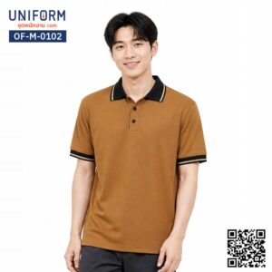 OF-M-0102 เสื้อโปโลสีน้ำตาลแขนสั้นแต่งปกดำทูโทน