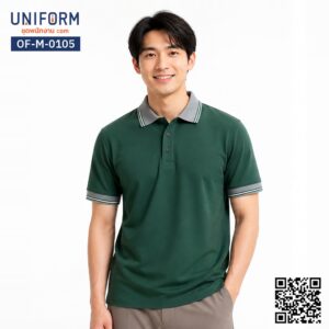 OF-M-0105 เสื้อโปโล แขนสั้น สีเขียวเข้มปกเทา