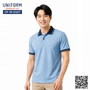 OF-M-0107 เสื้อโปโล แขนสั้น สีฟ้าคอปกกรมท่า
