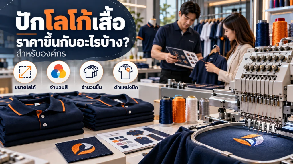 พนักงานกำลังตรวจแบบปักโลโก้บนเสื้อยูนิฟอร์มข้างเครื่องปักอุตสาหกรรม โดยเปรียบเทียบขนาดโลโก้ จำนวนสี จำนวนชิ้น และตำแหน่งปักที่มีผลต่อราคา
