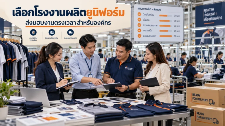 ทีมงานองค์กรกำลังประชุมกับโรงงานผลิตยูนิฟอร์มภายในสายการผลิต เพื่อวางแผนงาน ตรวจสอบคุณภาพ และติดตามกำหนดส่งมอบให้ตรงเวลา