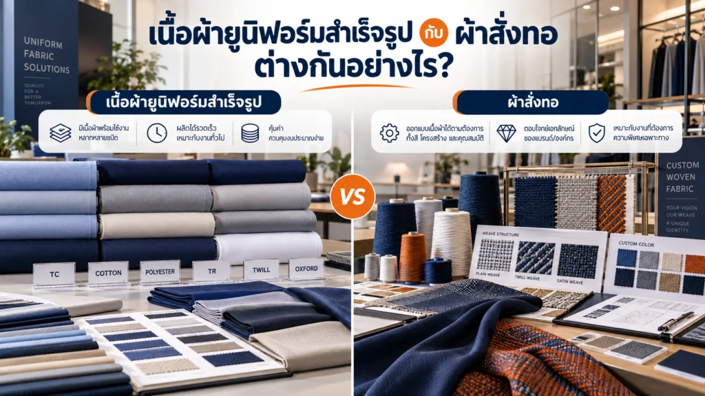 เปรียบเทียบเนื้อผ้ายูนิฟอร์มสำเร็จรูปกับผ้าสั่งทอ โดยแสดงม้วนผ้า ตัวอย่างสี เส้นด้าย และโครงสร้างการทอ เพื่อช่วยเลือกผ้าให้เหมาะกับงานและองค์กร